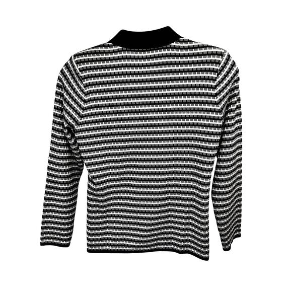Misook Vintage 90s Black White Ribbed Knit Button Up Sweater Shirt Large Stretch - Picture 2 of 8